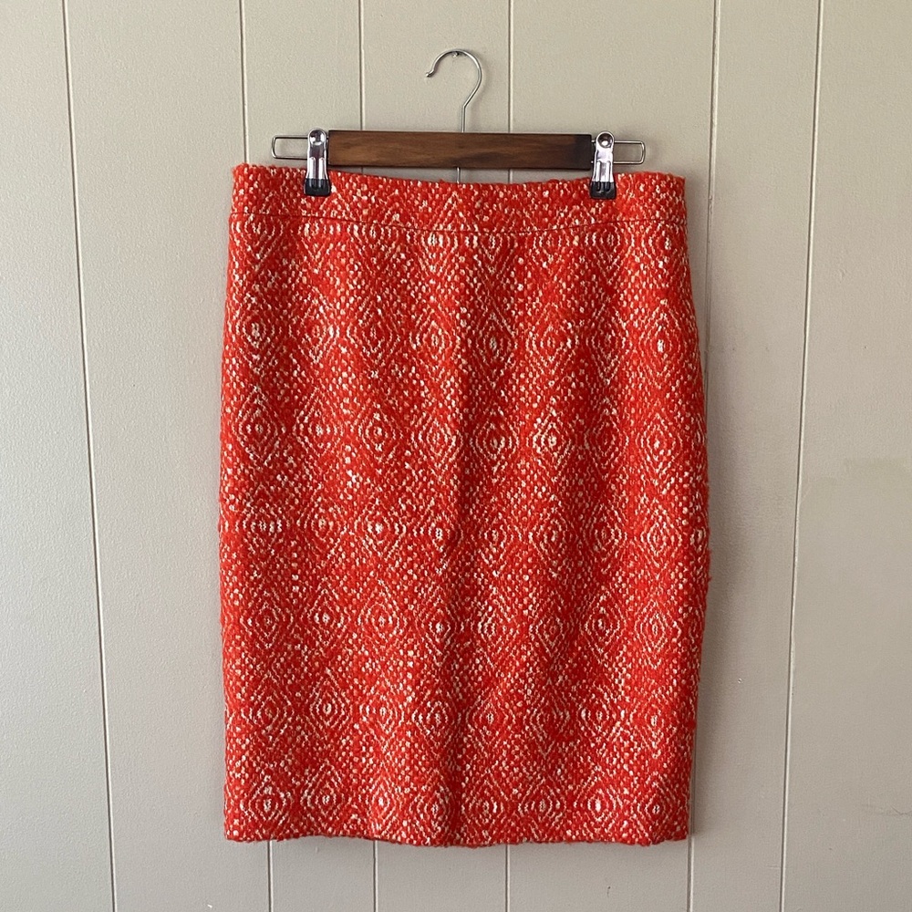 J. Crew Vibrant Orange/Red Thick Wool Blend Patterned No. 2 Pencil Skirt Size 6